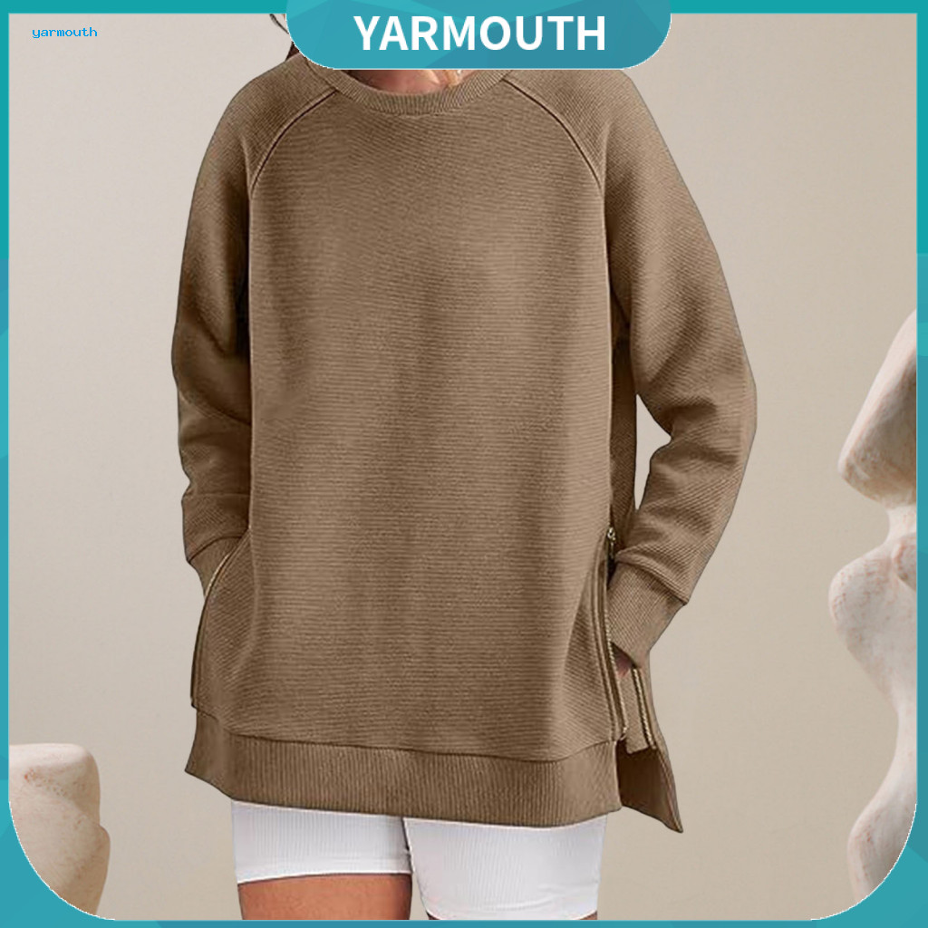 Women Oversized Sweatshirt Loose Fit Women’s Zipper Slit Hem O-neck Mid-length Pullover with Elastic Cuffs Sport Outdo