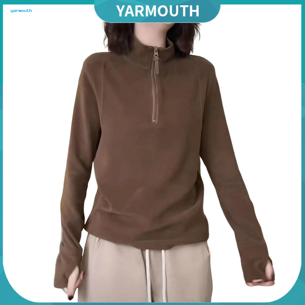 Women Long-sleeve Sweatshirt Solid Color Lady Fall Winter Zipper Stand Collar Loose Fit Long Sleeve Top Elastic Hem Laye