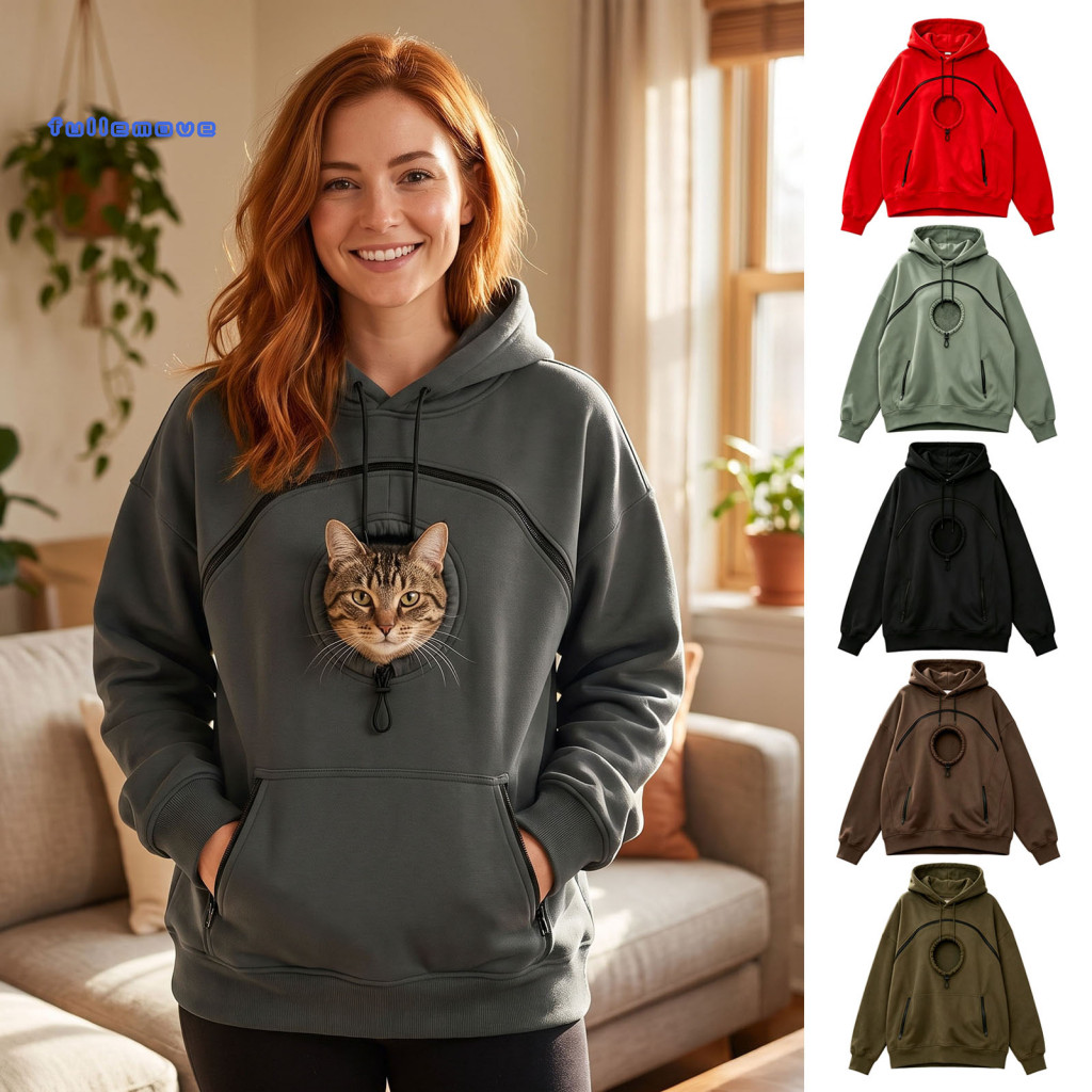 Pet Carrying Hoodie Long Sleeve Top with Pocket Women’s Carrier Head Hole Oversized Pullover Sweatshirt Zipper Pockets