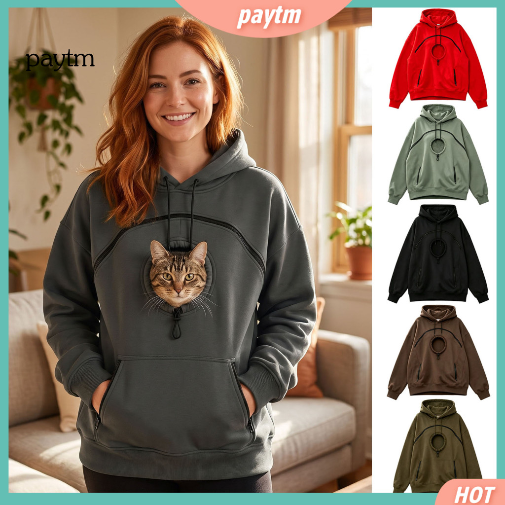 Pet Carrying Hoodie Oversized Lady Women’s Carrier with Head Hole Pullover Sweatshirt Zipper Pockets Comfortable Dog C