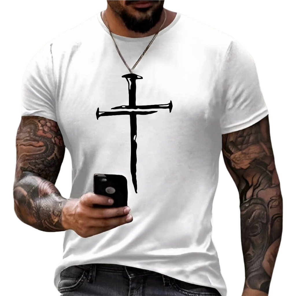 Camiseta Gola Redonda Masculina Estampa Cruz Cruzadas Moda Verão Shopping Passeio  100% Alg