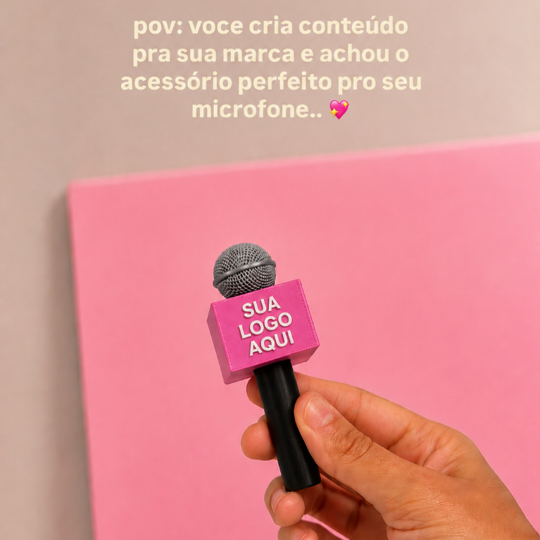 Mini Acessório Personalizado para Microfone | Cubo de Microfone com Nome ou Logo | Microfone para Criadores de Conteúdo