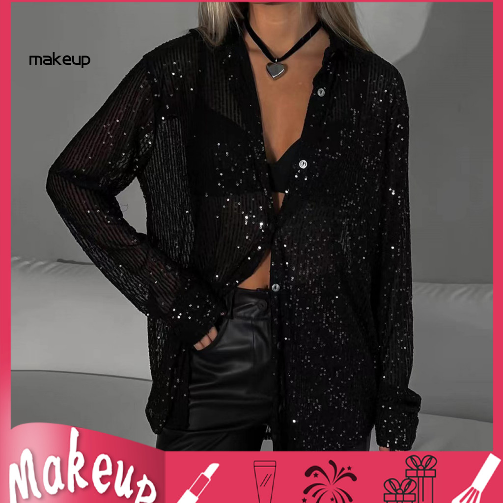 Polyester Blouse Women’s Sequin Button-down Shirt Long Sleeve Shiny Loose Fit Top for Work Wear and Leisure – Stylis