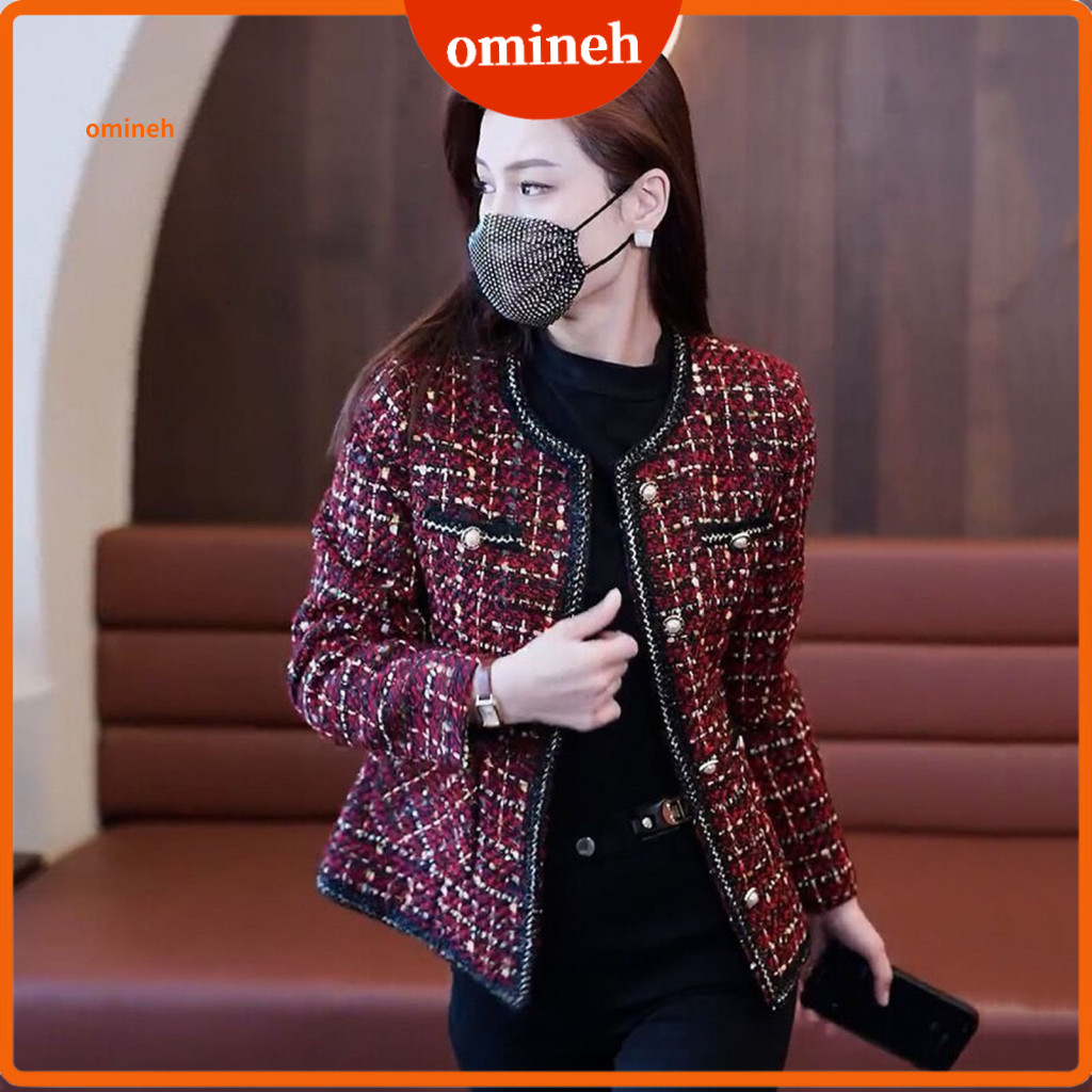 Women Polyester Jacket Color-blocked Women’s Tweed Long Sleeve Cropped Blazer with Pockets Double Breasted Lattice Coa