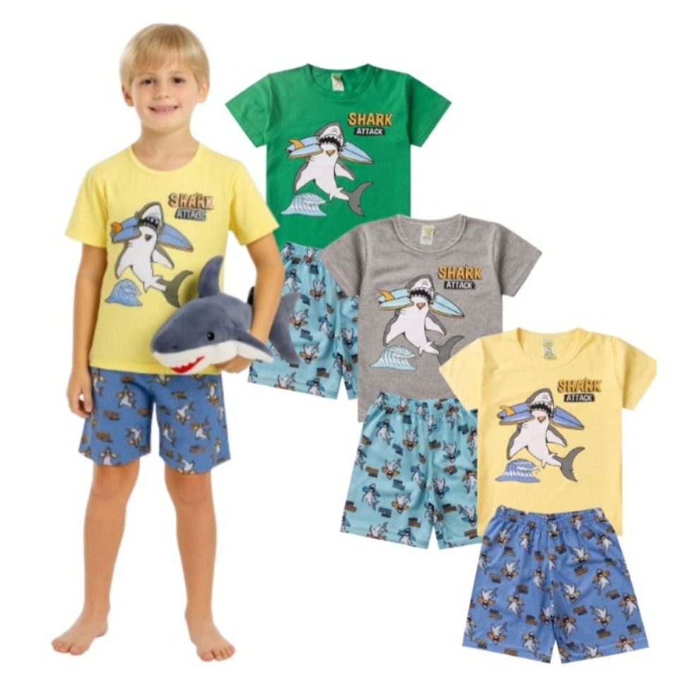 Pijama Infantil Masculino Verão Shark Attack - Hey Kids - Verde