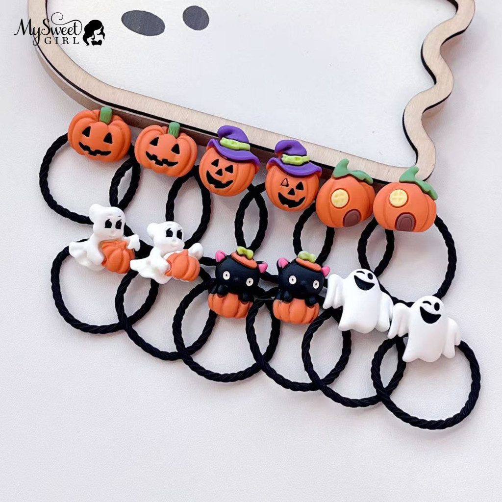 Flexible Hair Ties for Soft Cute Halloween for Girls 2pcs for Women Elastic Ponytail Holders with Pumpkin Ghost Cat for
