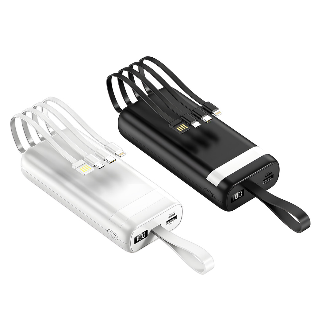 Power Bank 20000mAh 22.5W Carregamento Rápido Cabos Integrados Display Digital USB Tipo C