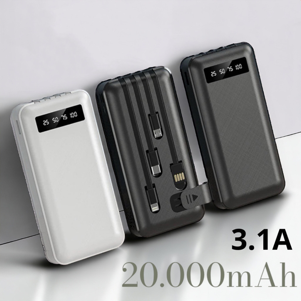 Carregador Power Bank Portátil 20000mah Universal Saida 4 Cabos com suporte lanterna