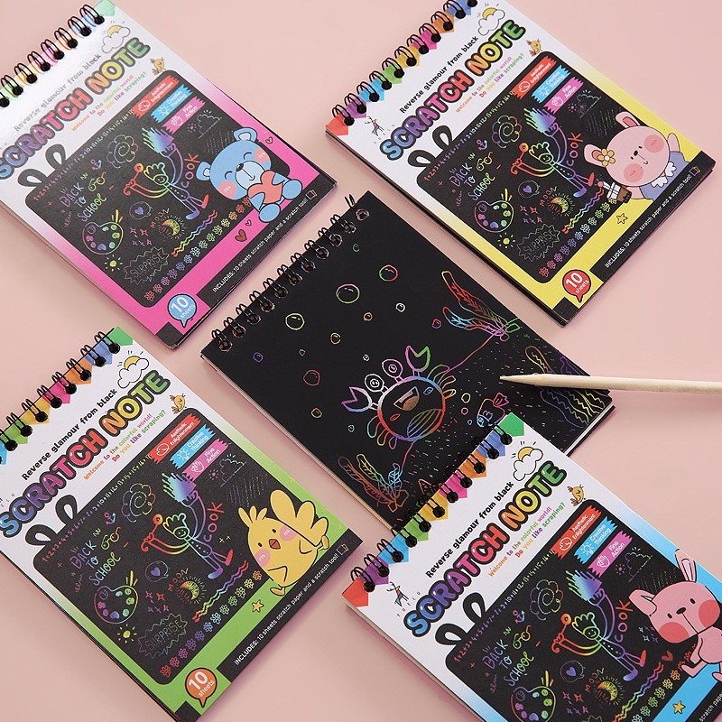 Crianças DIY Scratch Notebook Rainbow Graffiti Drawing Livro De Papelão