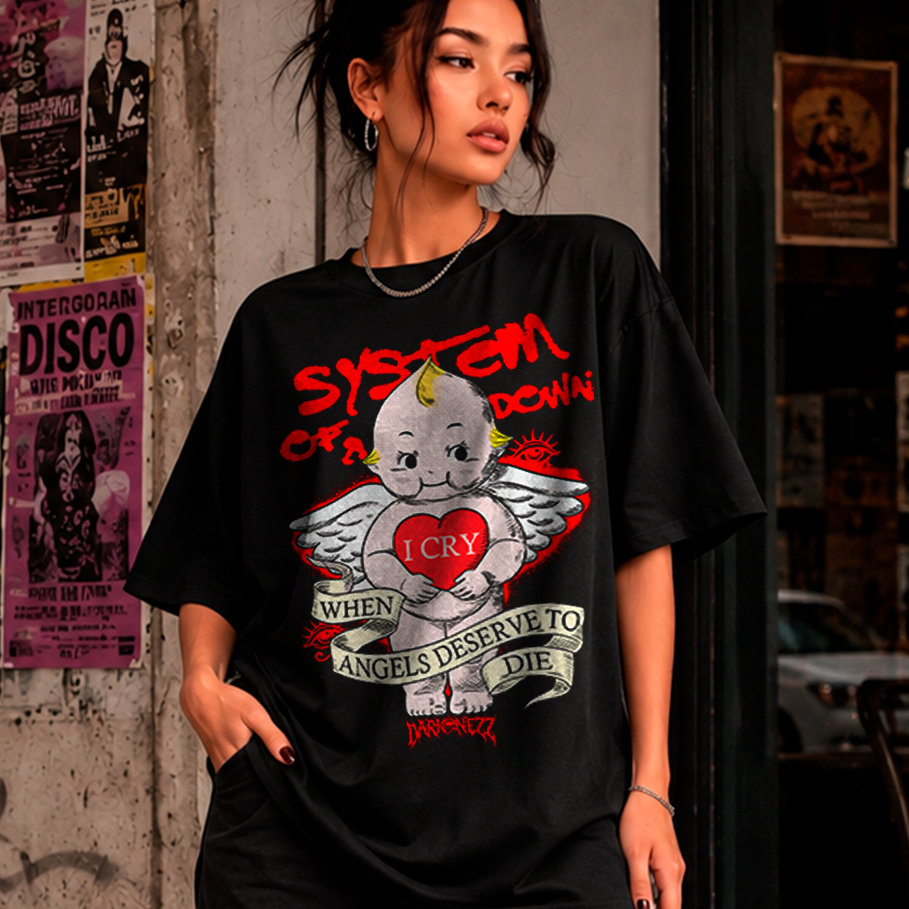 Camiseta Basica ou Oversized Banda System of a Down Musica When Angels Deserve to Die Album Estilo Streetwear Unissex
