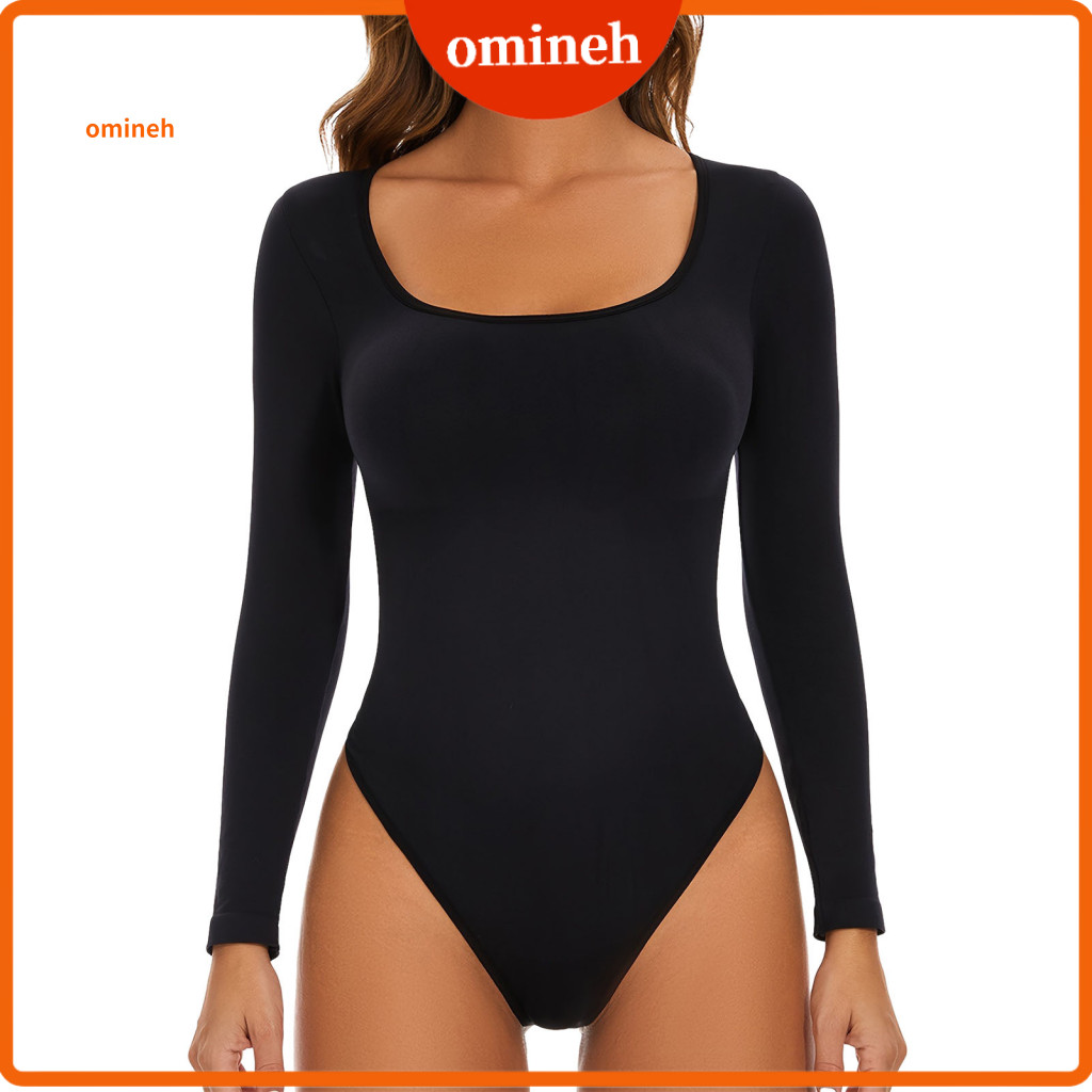 Solid Color Long Sleeve Onesie Women Polyester Spandex Bodysuit Women’s Thermal Fleece – Slim Fit Square Neck Warm B