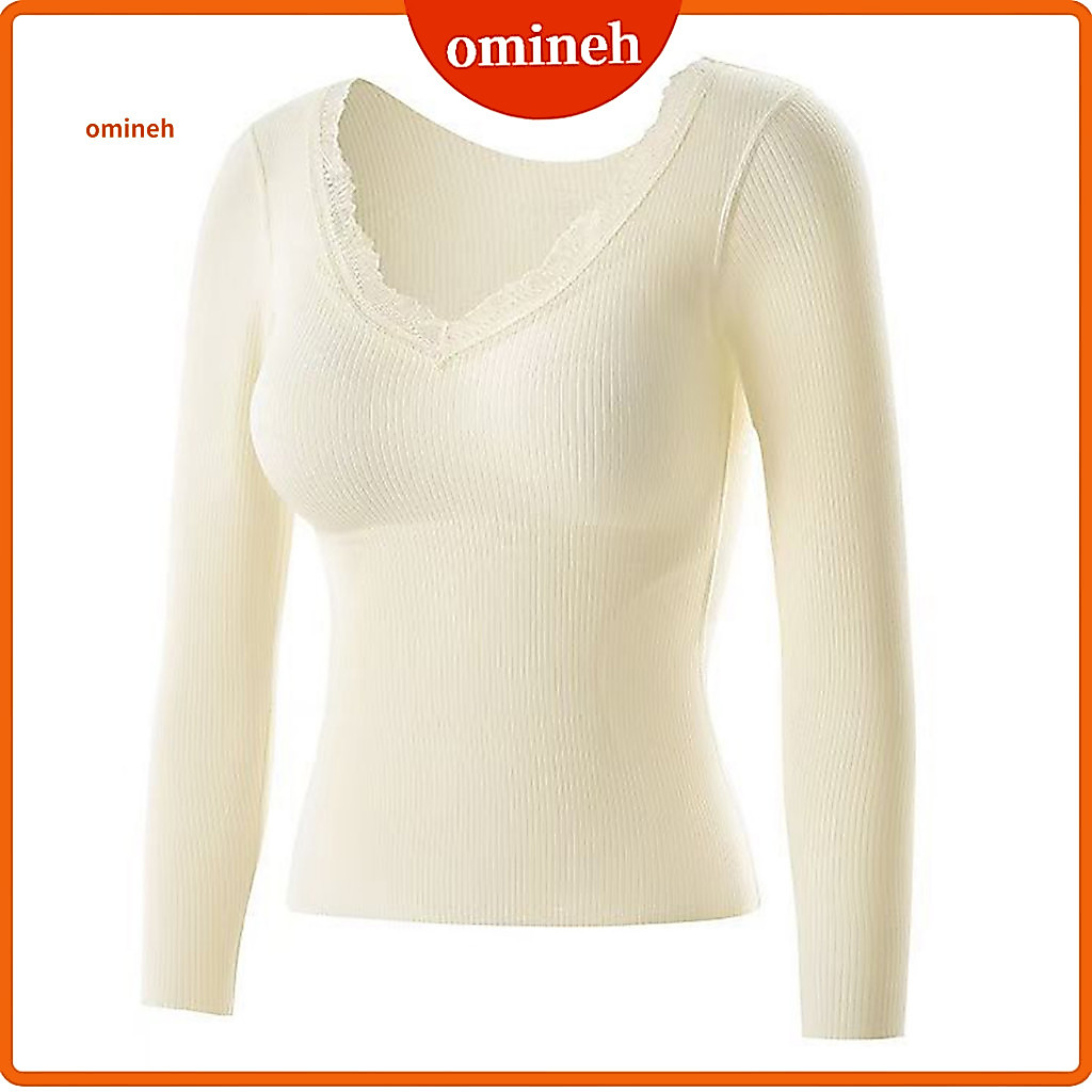 Women Thermal Tops Winter Layering Shirt Women’s Long Sleeve V-neck Top with Lace Trim Slim Fit Padded Layer Solid Col
