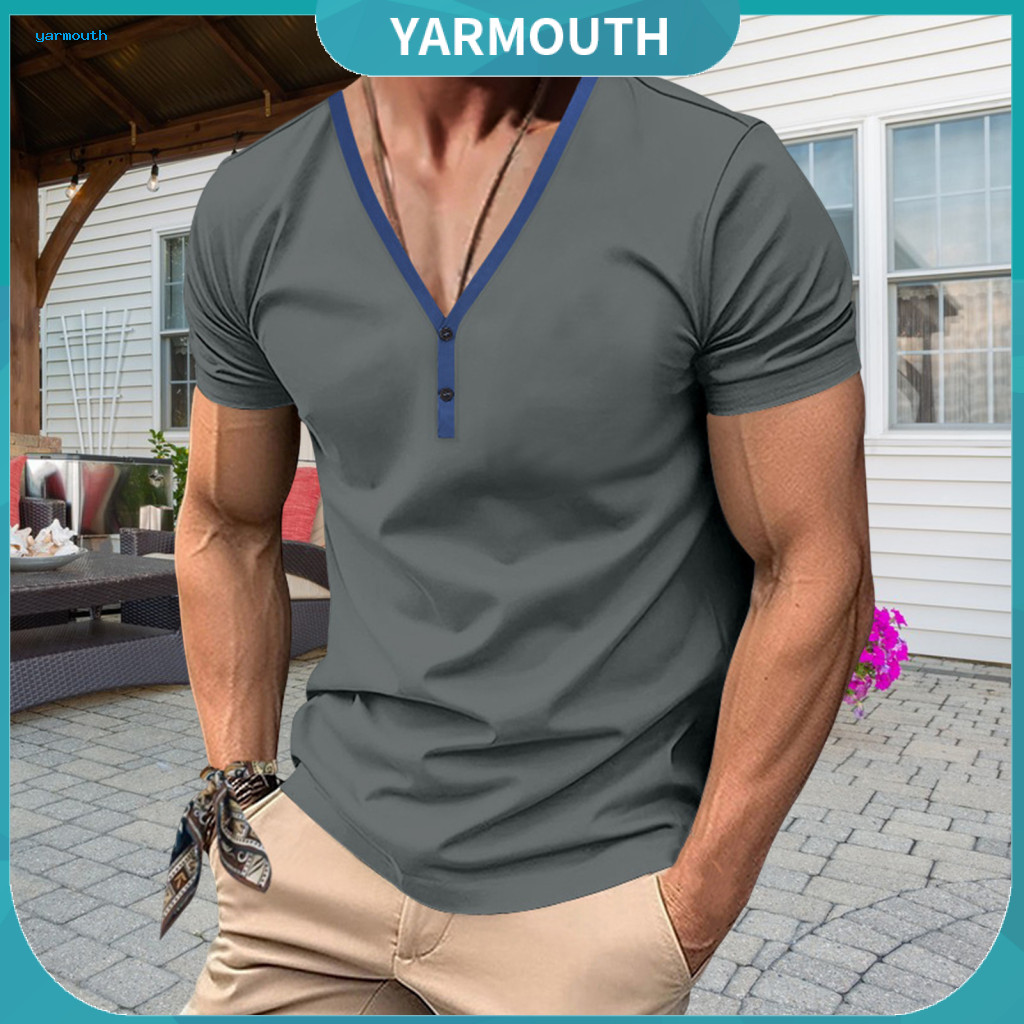 Women Slim Fit T-shirt Deep V-neck Top Men's Summer Buttoned Short Sleeve Casual Pullover with Contrasting Color Mid-len