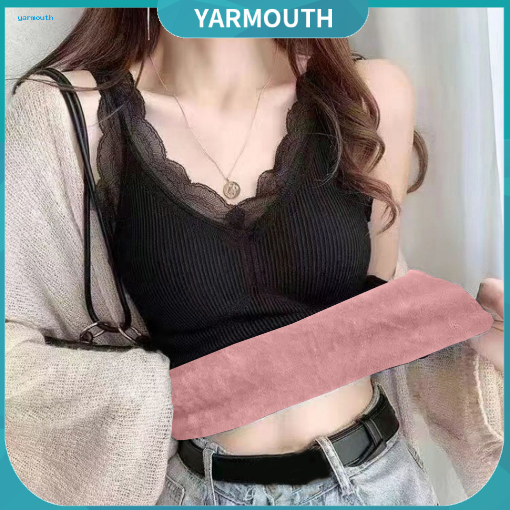 Nylon Material Vest Elastic Women’s Thermal V Neck Plush Lined Slim Fit Tank Top with Lace Trim and Chest Pads – War