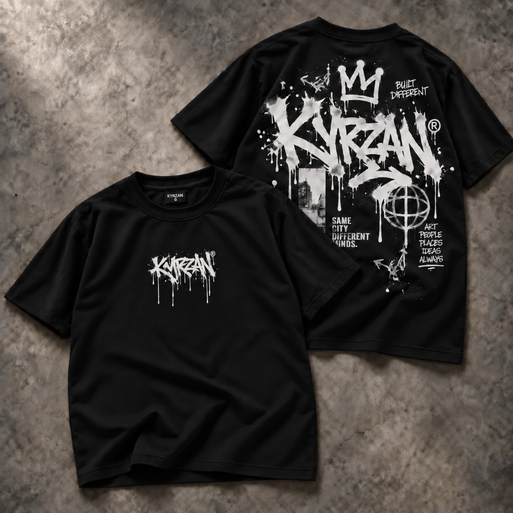 Camiseta Street Wear KYRZAN Streetwear Preta – Estampa Graffiti Branca Urban Style
