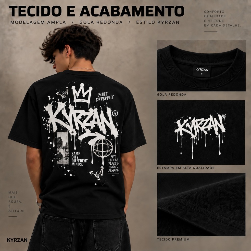Camiseta Street Wear KYRZAN Streetwear Preta – Estampa Graffiti Branca Urban Style