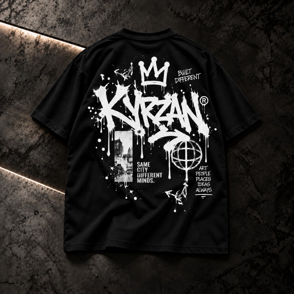 Camiseta Street Wear KYRZAN Streetwear Preta – Estampa Graffiti Branca Urban Style