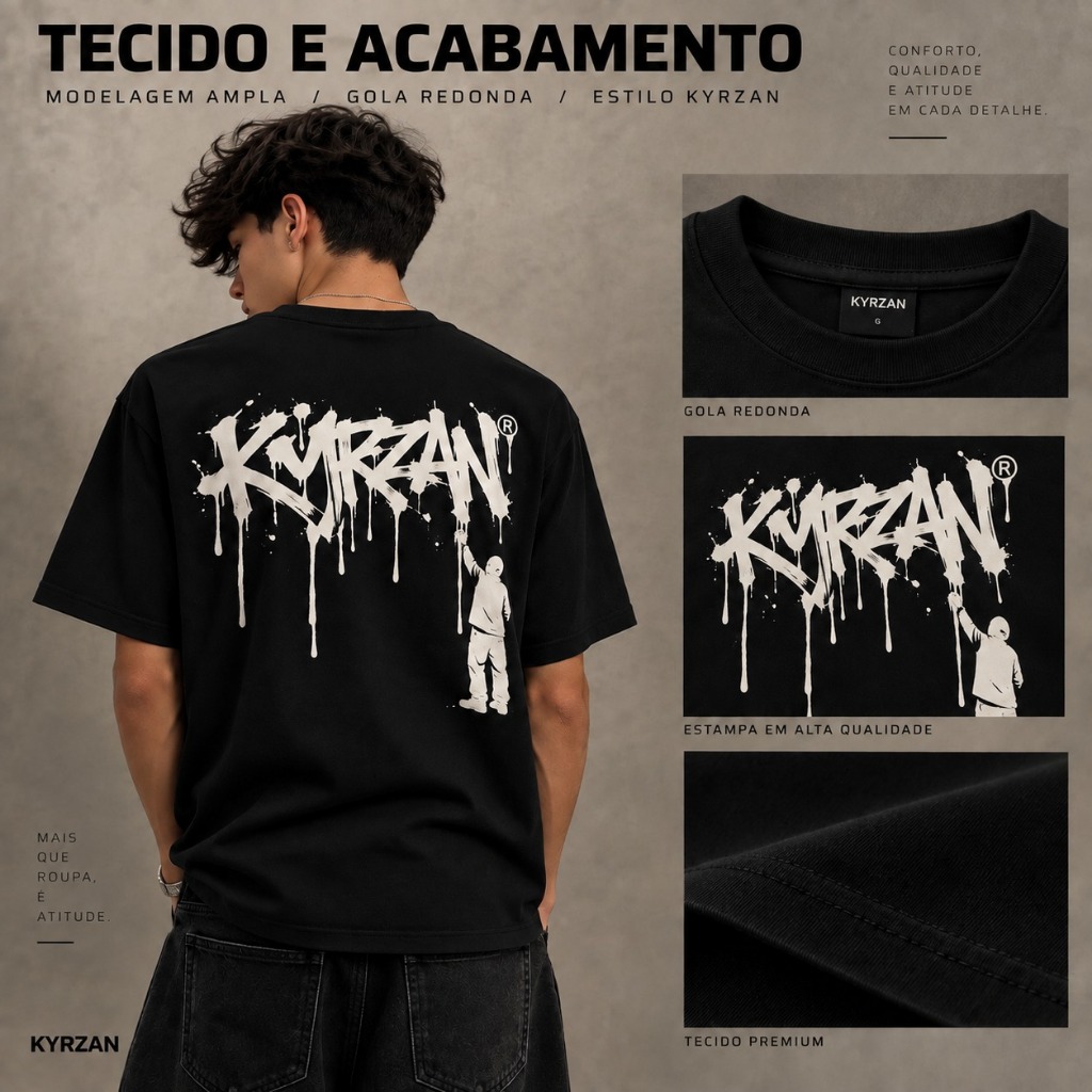 Camiseta Street Wear KYRZAN Streetwear Preta – Estampa Graffiti Branca Urban Style