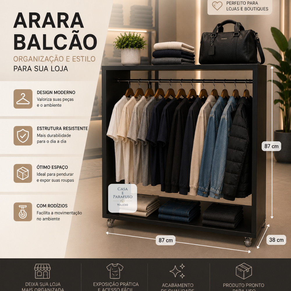 Arara Balcão Central Expositor de Roupas com Rodízio Cabideiro para Loja Boutique - 87