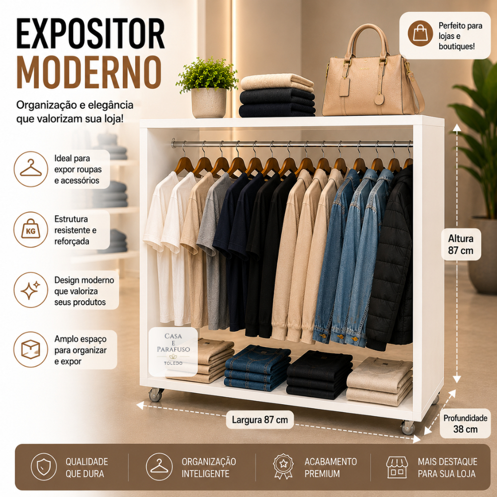 Arara Balcão Central Expositor de Roupas com Rodízio Cabideiro para Loja Boutique - 87