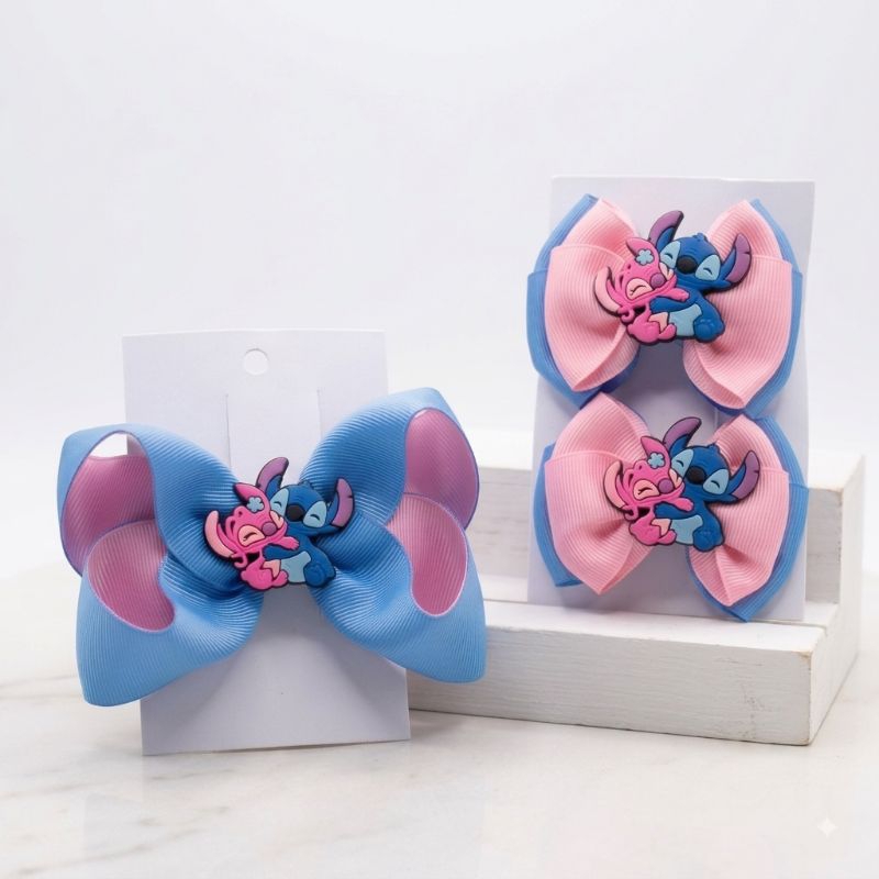 Kit Laços Stitch e Angel Infantil Par 7,5cm + Laço Boutique 10,5cm Bico de Pato Encapado