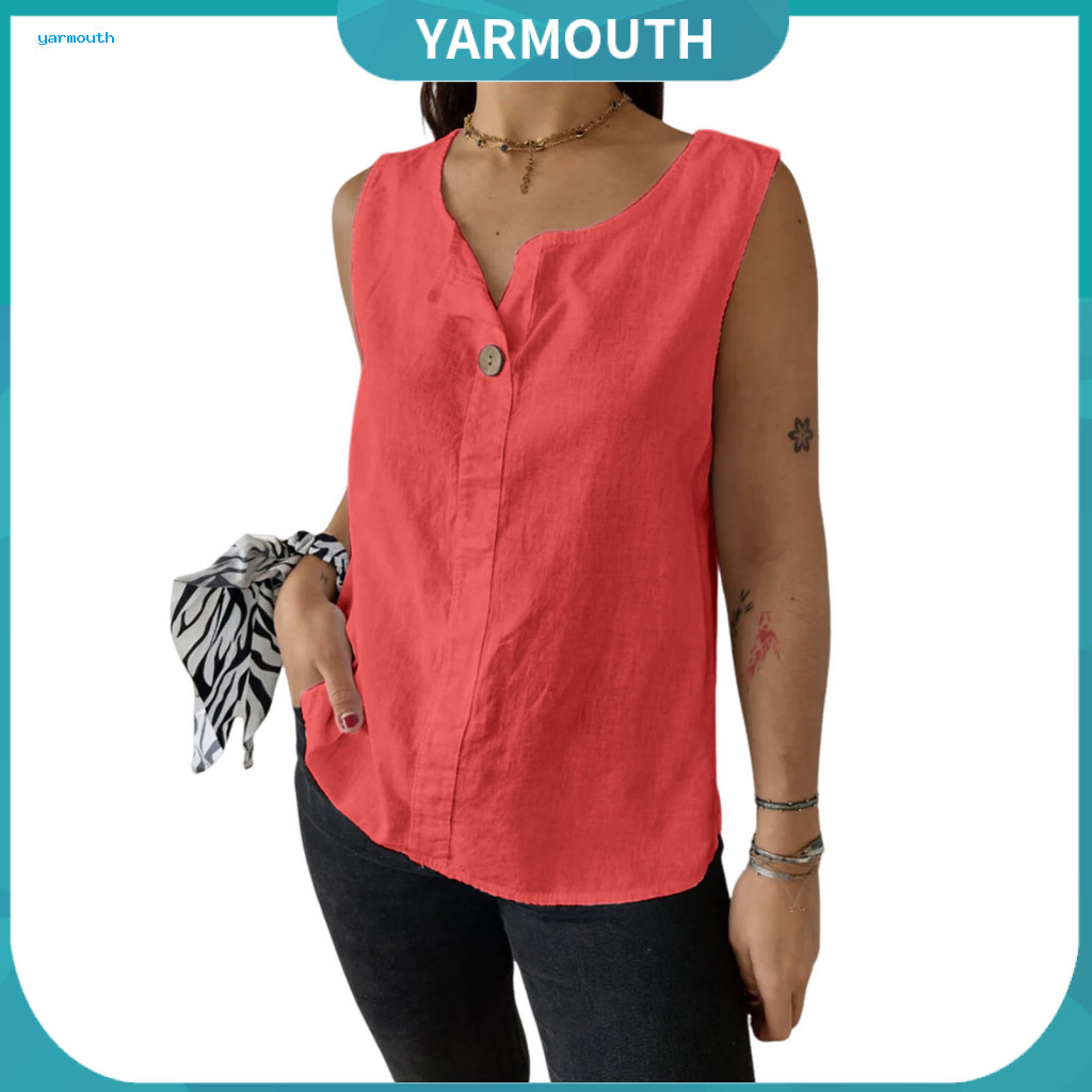 Casual Women Blouse Vest Top Women’s Sleeveless Tank Button Decoration Lightweight Breathable Cotton Linen Solid Color