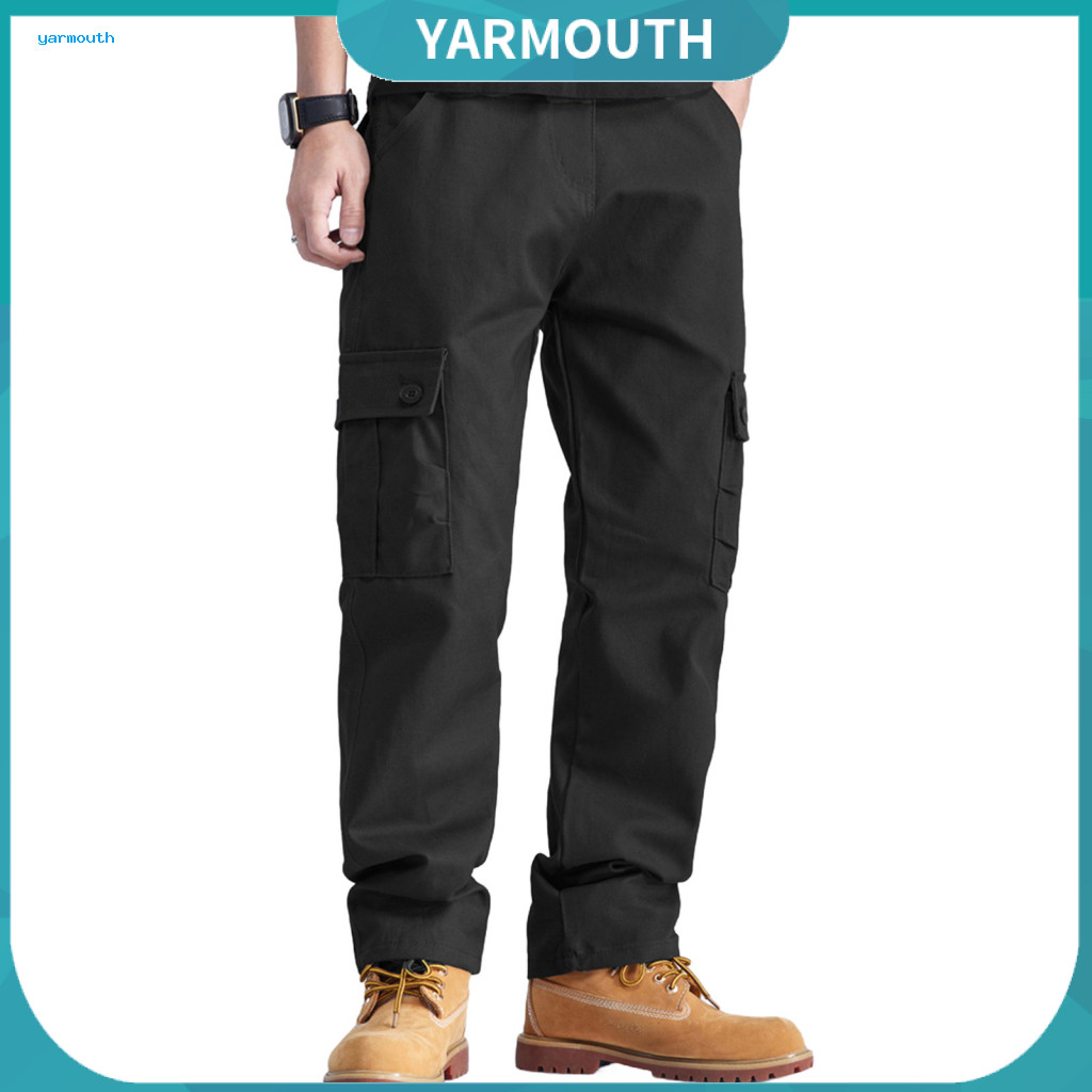 Men Trousers Solid Color Cargo Pants Men's Multi-pocket Cotton Loose Fit Straight Leg Mid Waist Outdoor Travel School Ca