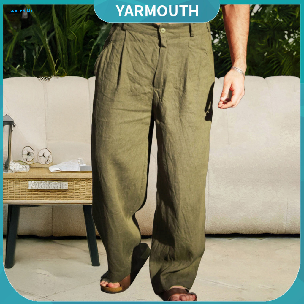 Men Relaxed Fit Cotton Linen Pants Casual Loose Men's Slacks Breathable Summer Solid Color Yoga Trousers for Beach Vacat