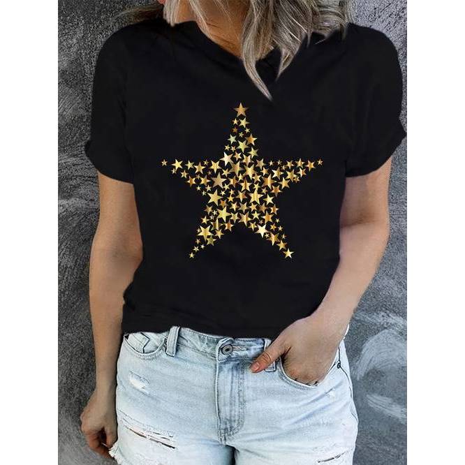 Camiseta Estrela Brilhante Print Short Sleeve Gola Careto Feminino Casual Confortável Linda Moderna Verão