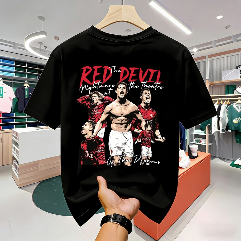 Manchester United Ronaldo Theme Red T-shirt with Devil Print Short Sleeve Football Fan Casual Top
