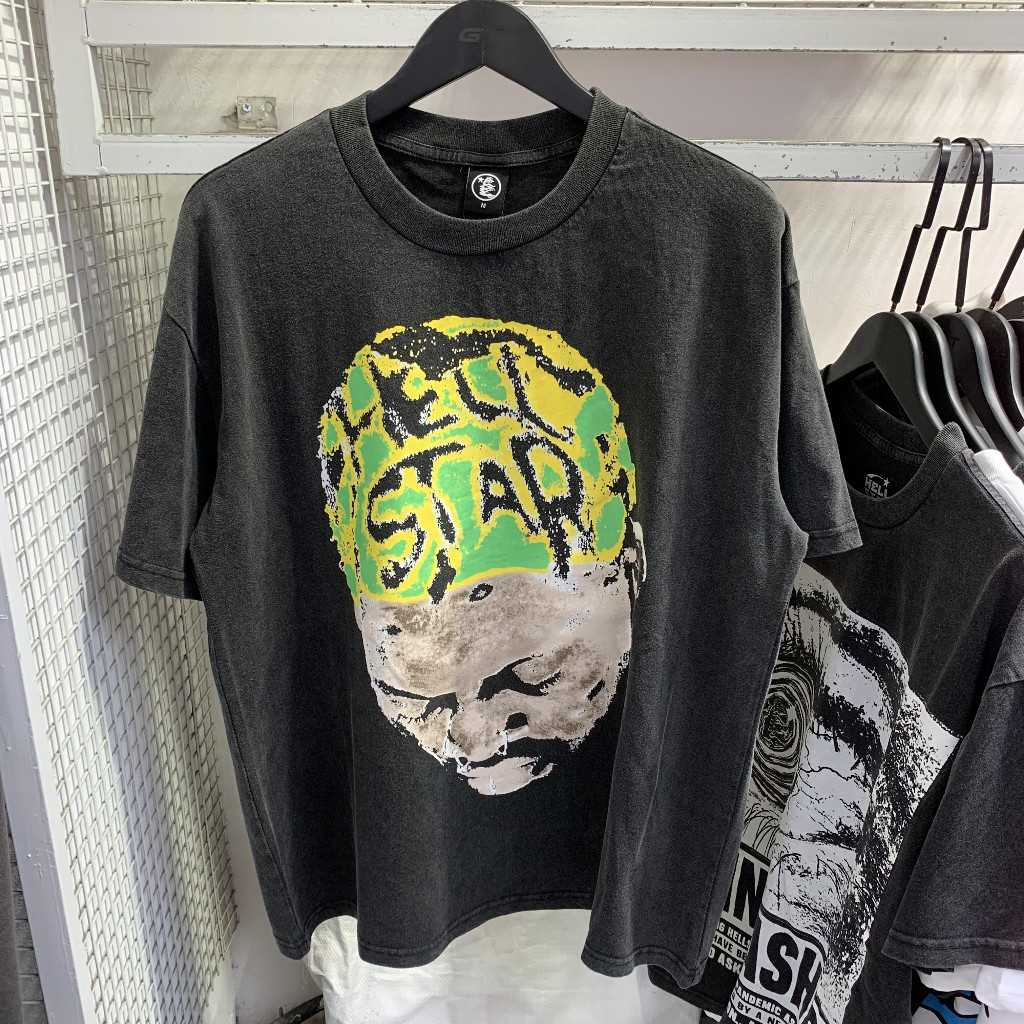 Camiseta Hellstar Rodman Abstract Digital Print Vintage Neck Short Sleeve Street Algodão Solto Camiseta
