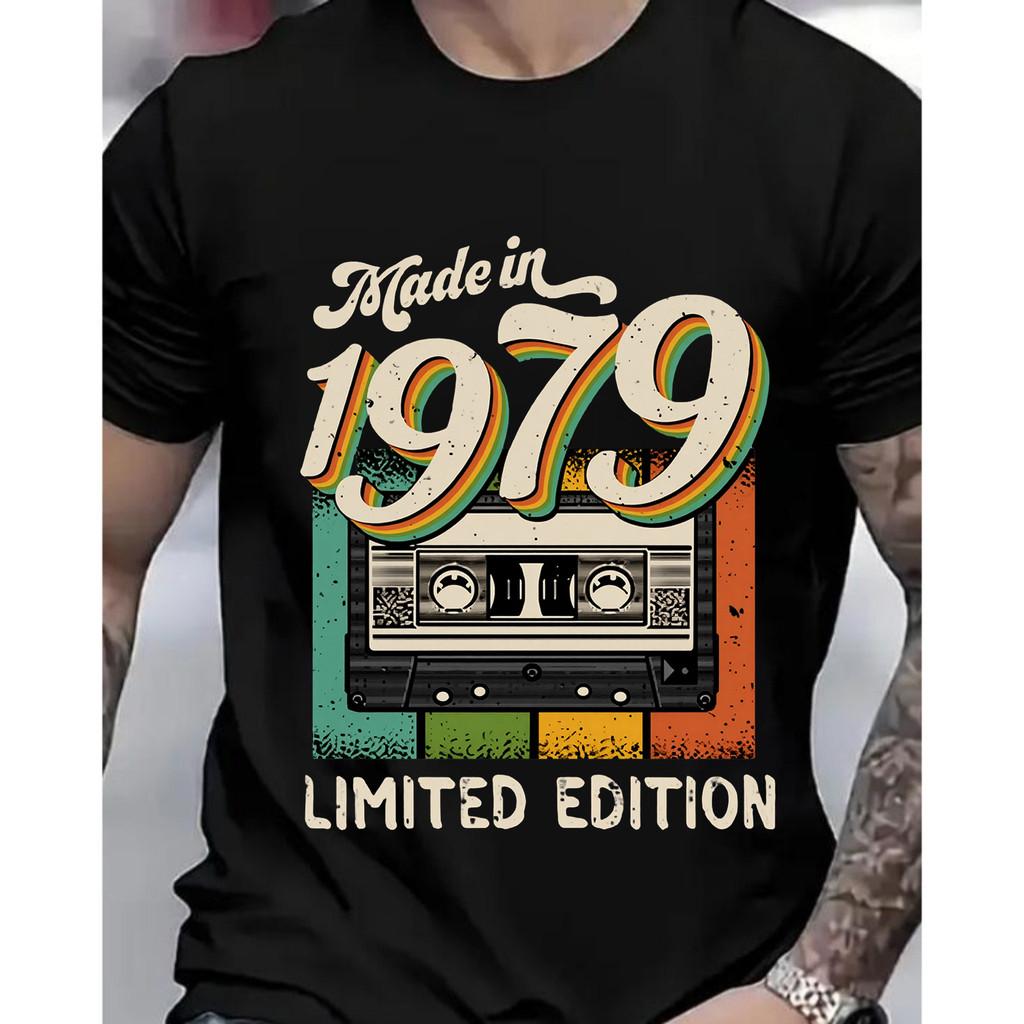 Camiseta  premium em puro 100% algodão Homem Short Sleeve Vintage 1979 Cassete Tape Design, Colorido, Casual