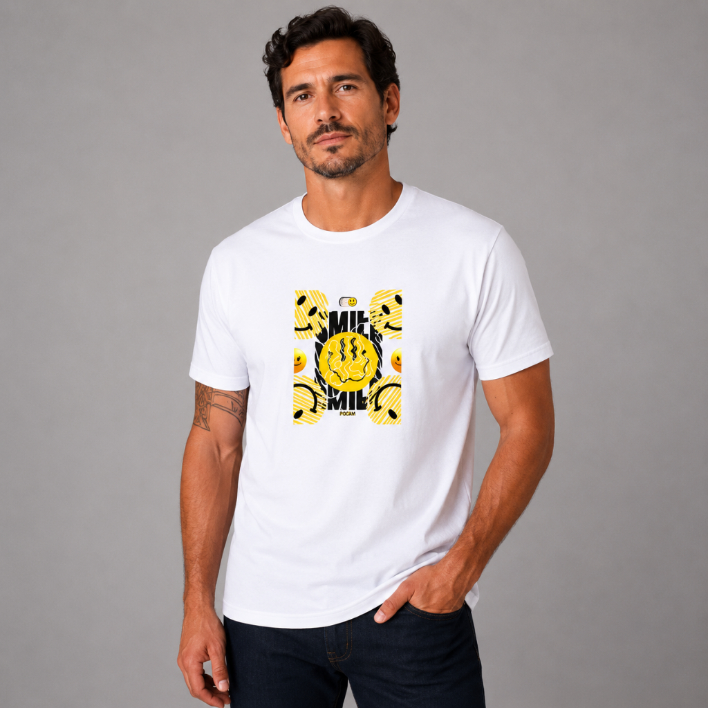 Camiseta Masculina POCAM SMILE Premium Hi Tech – Dry Fit + Antipilling - BRANCA