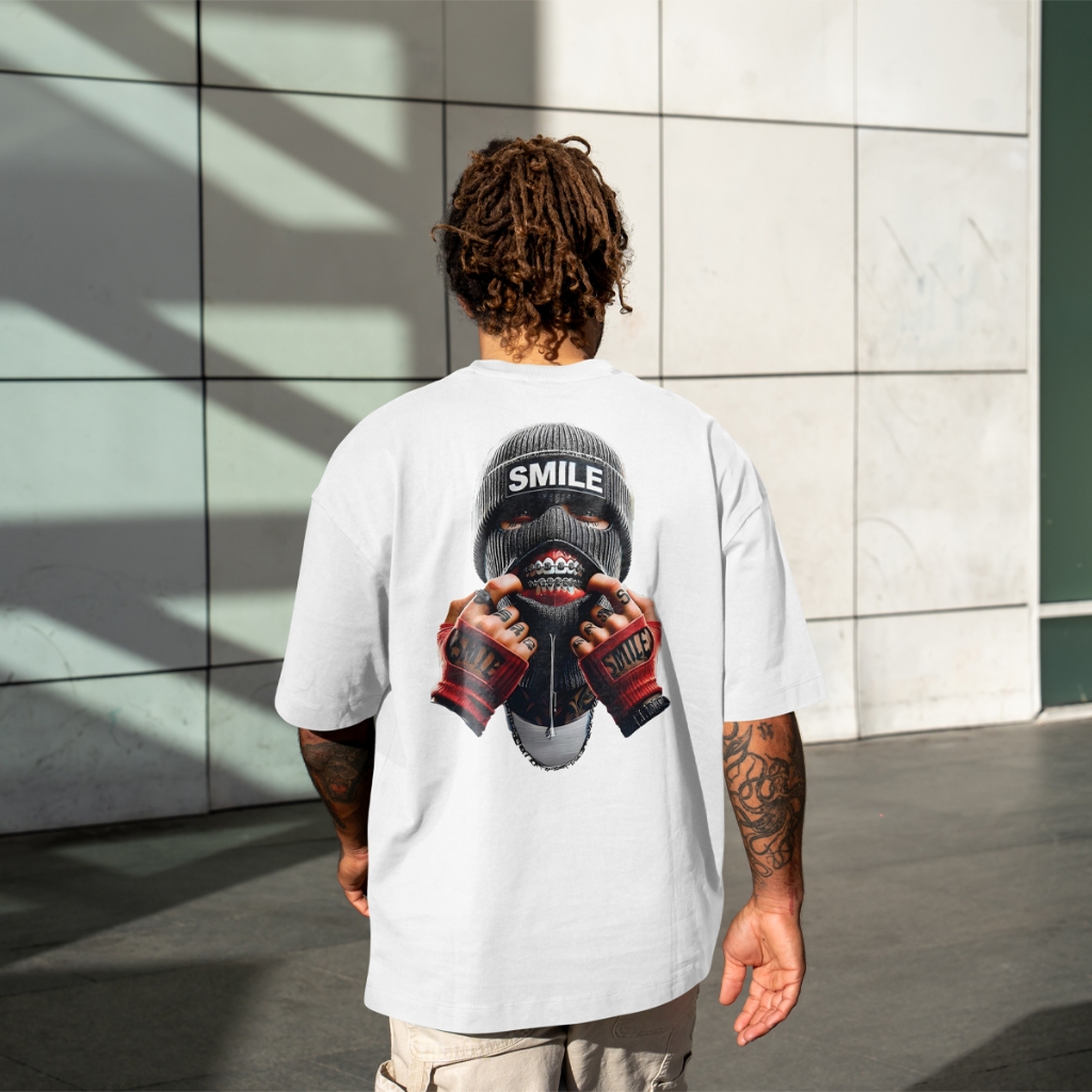 Camiseta Oversized Smile Masculina Algodão Premium Estilo Rua Streetwear