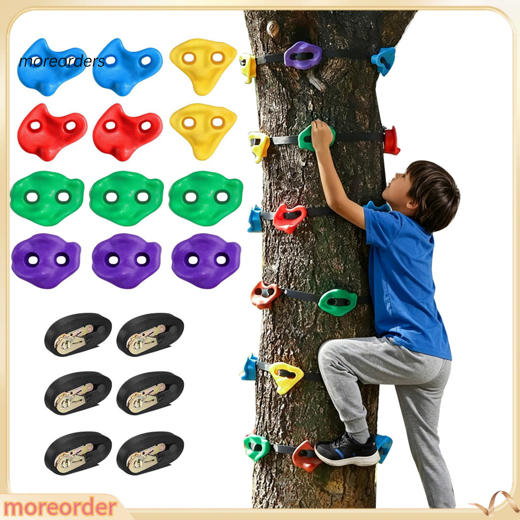 12pcs Tree Climbing Holds with 6 Ratchet Straps – Durable Rocks for Kids Adults Outdoor Backyard Gym Obstacle Course T
