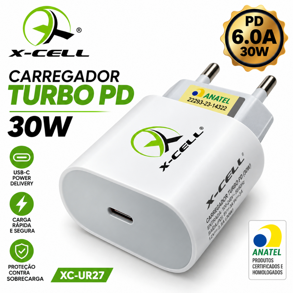 Carregador Turbo X-Cell XC-UR27 30W USB-C PD Fast Charge Homologado Anatel