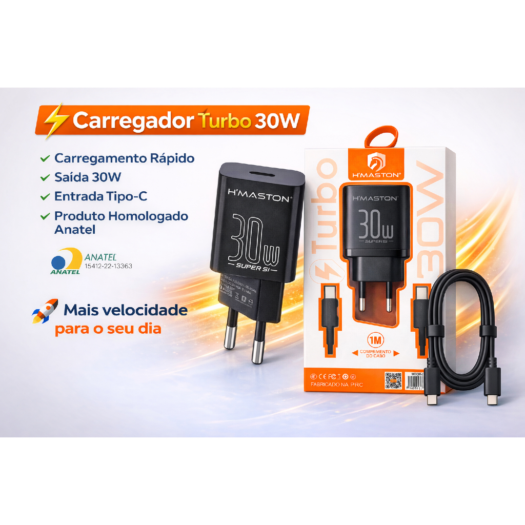 Carregador Turbo 30W USB-C H’Maston + Cabo Incluso Fast Charge Certificado Anatel Proteção Sobrecarga