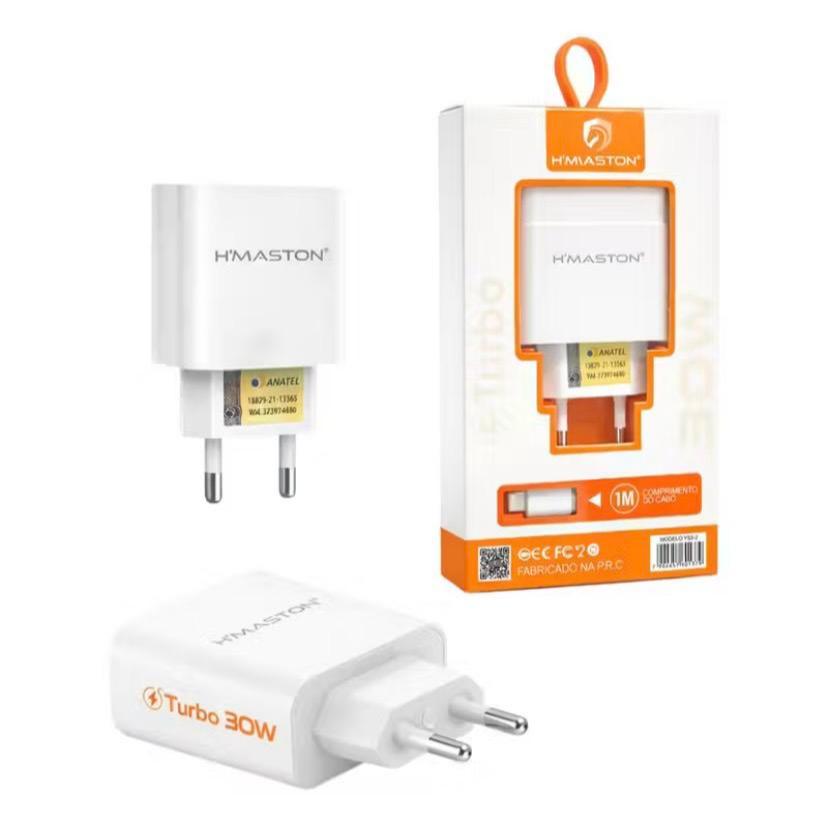 Carregador Turbo 30W H’Maston Y53-2 iOS com Cabo Lightning | Fast Charging | Fonte Rápida Bivolt