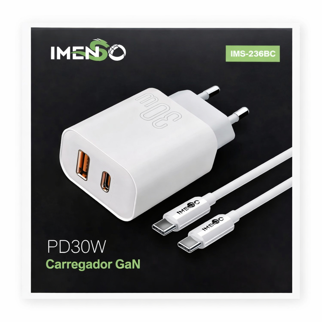 Carregador Tomada 30W GaN Dual USB-C USB-A PD Fast Charge Compacto Bivolt