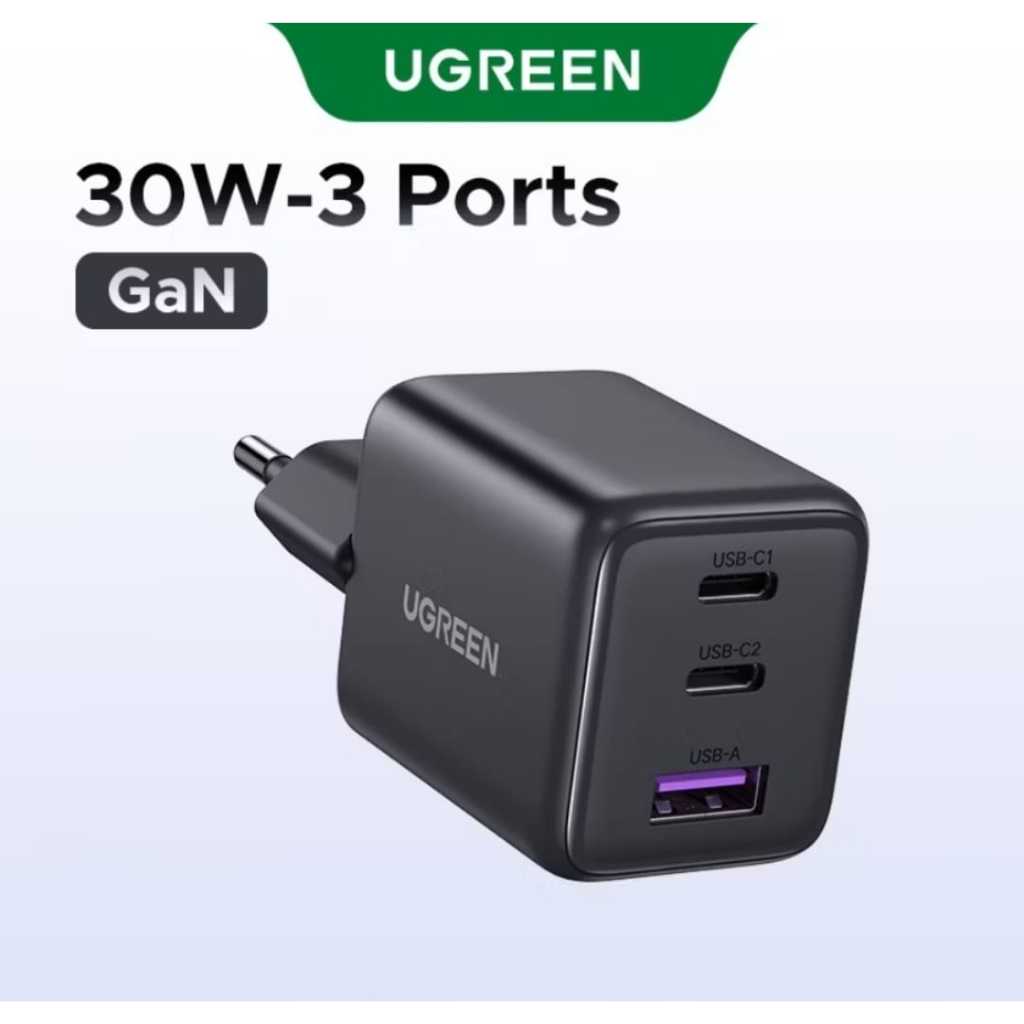 Carregador UGREEN 30W Gan Fast Charger multiportas 2 usb-C 1 usb A para iphone/ipad/samsung/motorola