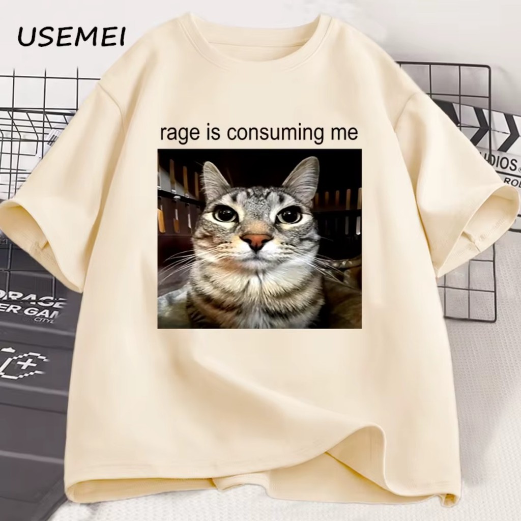 Camiseta Gato Rage Is Consuming Me Meme Casual Algodão Manga Curta Streetwear Furia