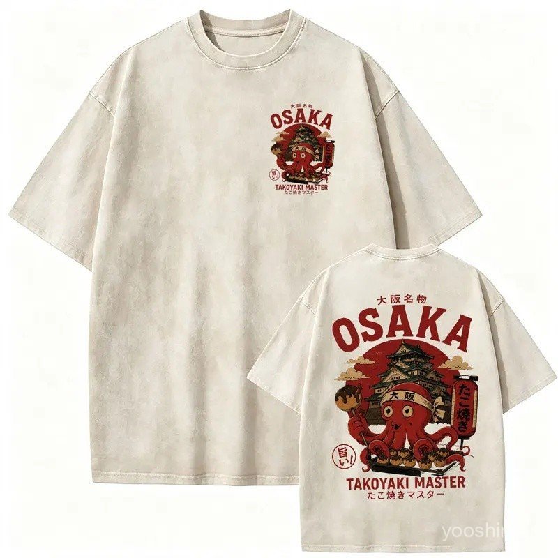 Vintage Washed Osaka Takoyaki Graphic T Shirts Kawaii Octopus Japanese Double Sided T-Shirt Men Women O-Neck Short Sleev