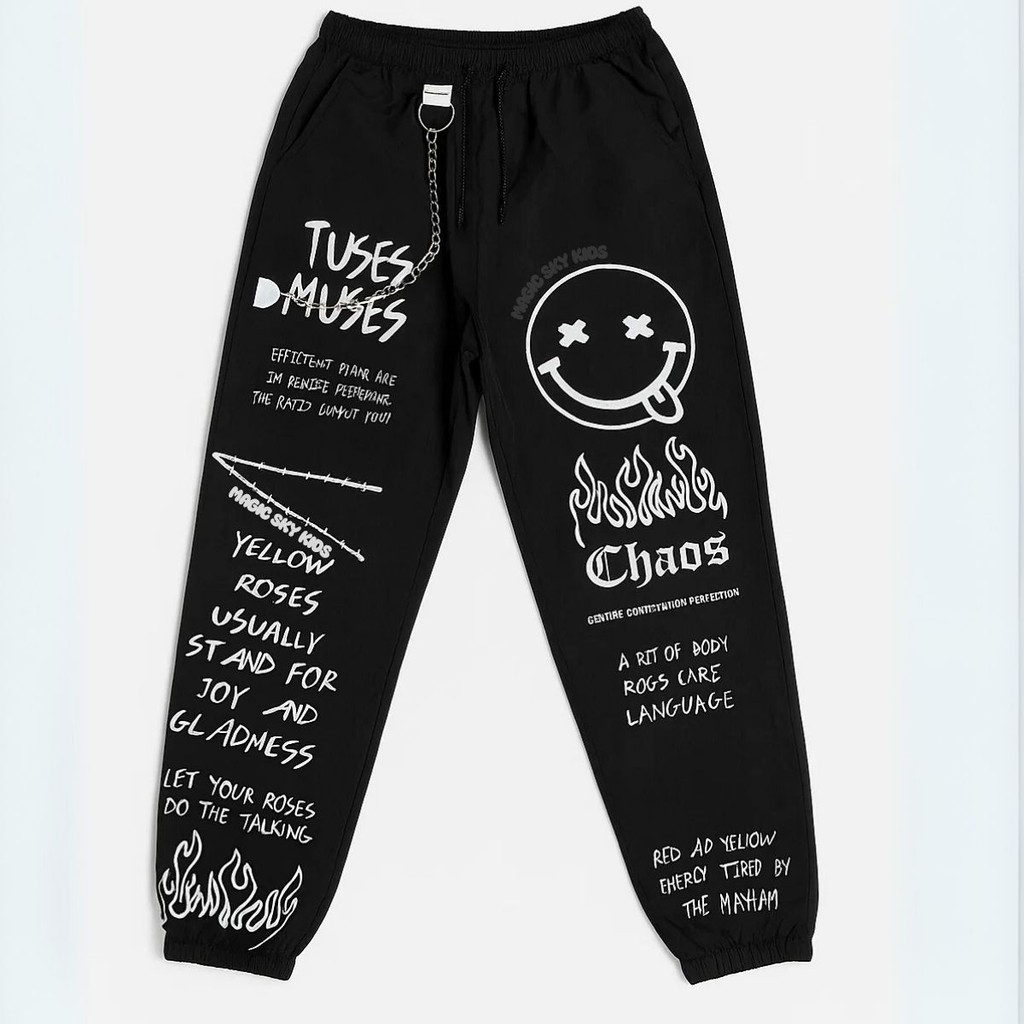 Calça Juvenil Infantil Unissex Estilosa Emoji Smile Fogo com Correntinha Preta com Bolso