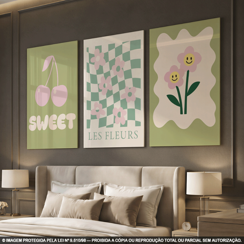 Kit 3 Quadros Decorativos Cerejas e Flores Smile | Verde e Rosa Estilo Retrô | Decoração Moderna em MDF 3mm