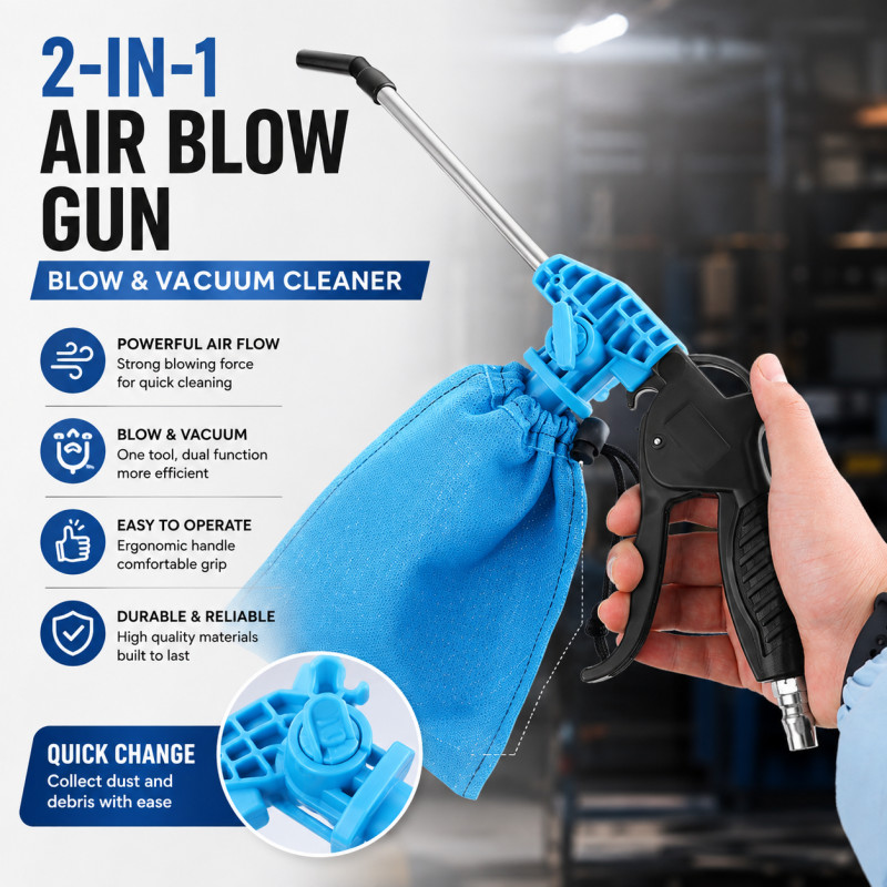 2-in-1 Blow & Suction Dust Gun, Industrial Pneumatic Air Vacuum Gun with Rotating Nozzle for Cleani