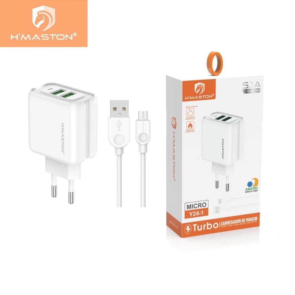 H'maston Y24 Carregador Turbo 25w Fonte Torre Carregar Portátil 2 Usb 5.1A Com Cabo Usb V8.IPhone.Tipo-c