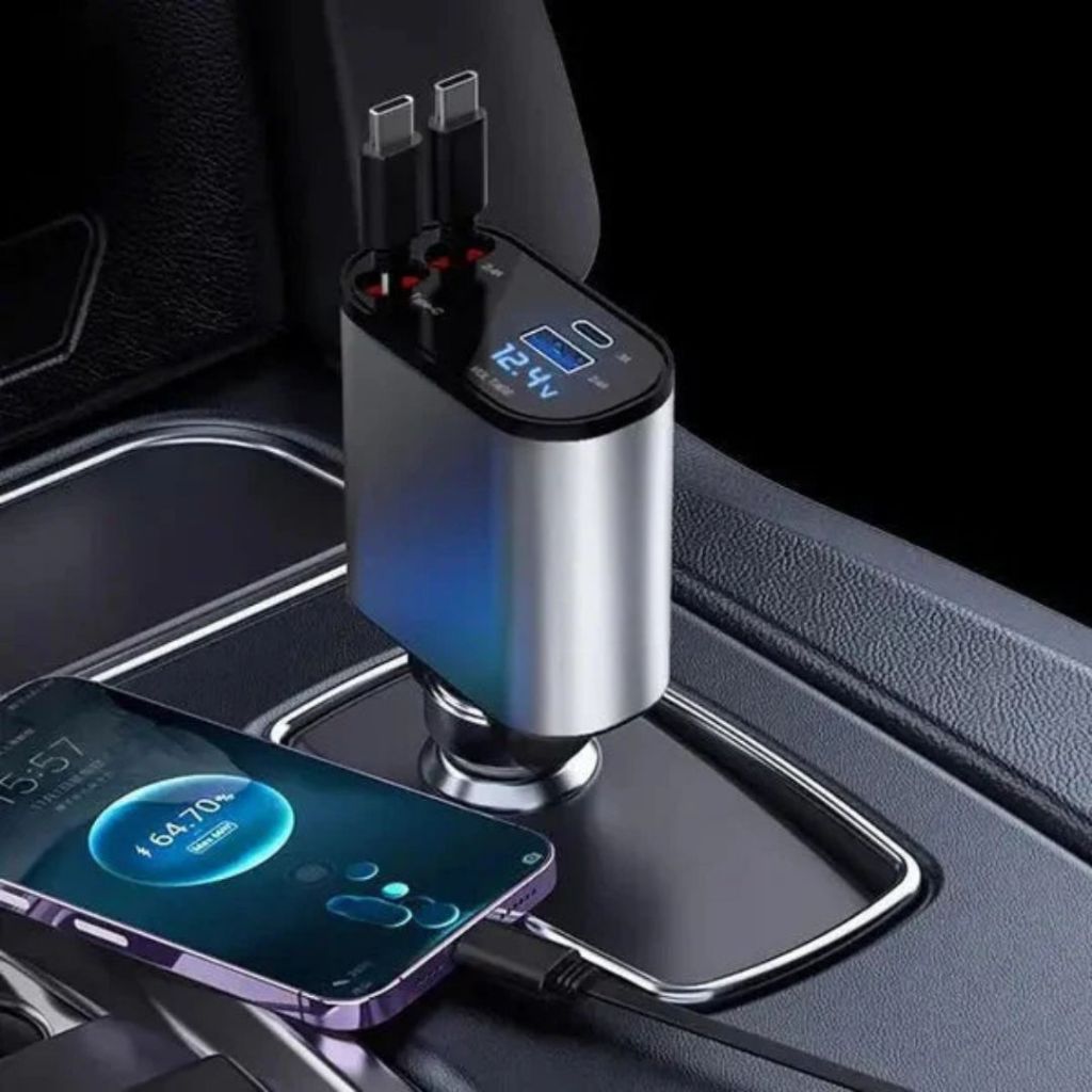 Carregador De Carro Universal Portátil 4-Em-1 Digital Retrátil Iphone E Android