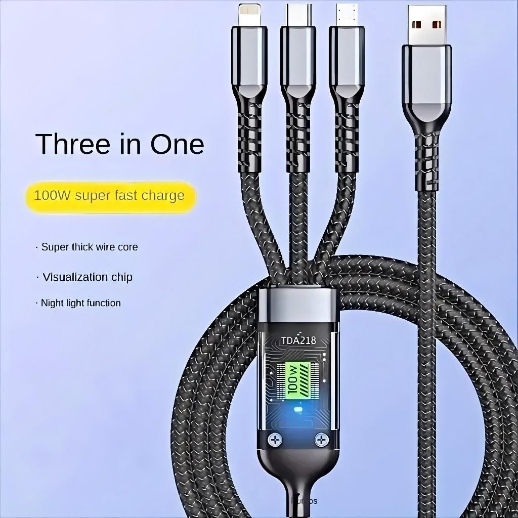 Cabo de Carregamento 3 em 1 Liga de Zinco 100W 6A Super Rápido Trançado Nylon USB‑A Compatível iOS Tipo‑C e Micro‑USB D0
