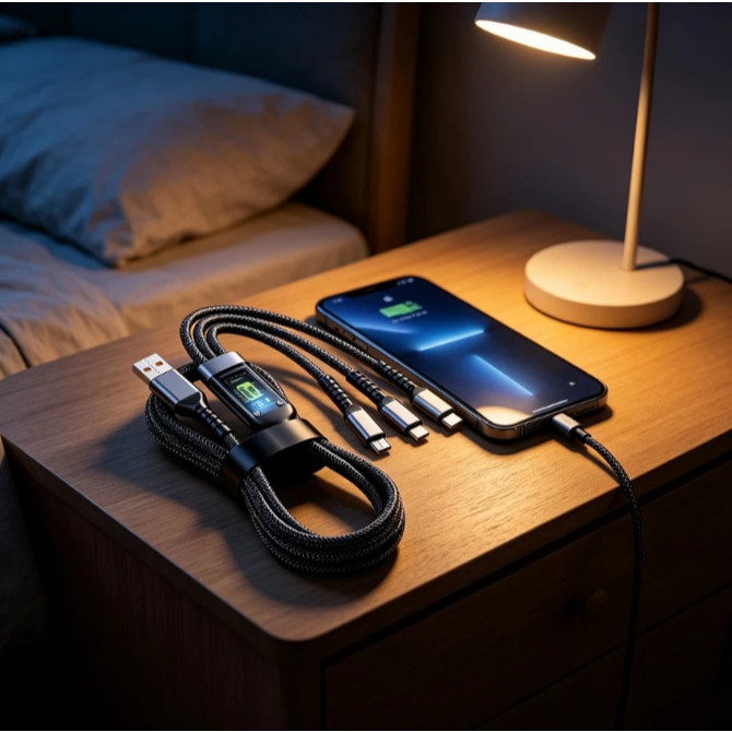 Cabo de Carregamento 3 em 1 Liga de Zinco 100W 6A Super Rápido Trançado Nylon USB‑A Compatível iOS Tipo‑C e Micro‑USB D0