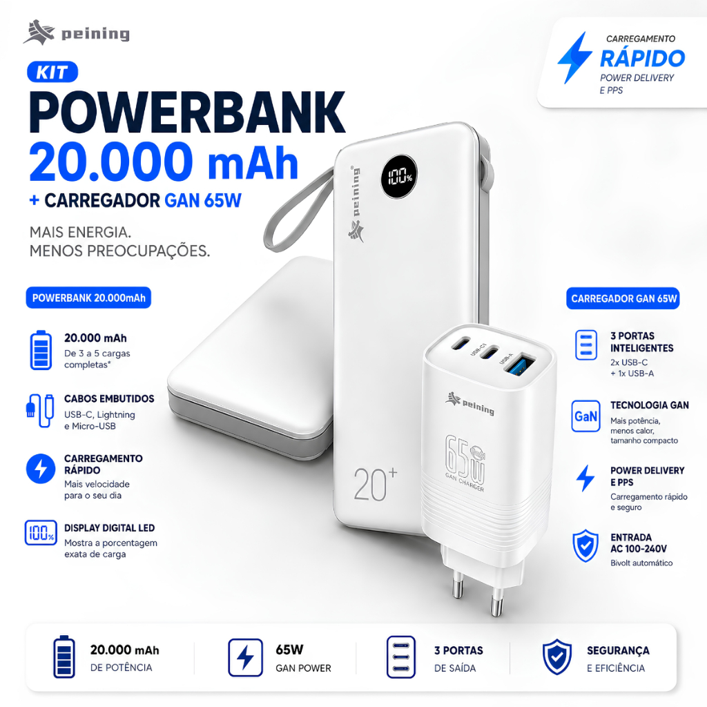 Kit Power Bank 20000mah  + Carregador Turbo 65w Super Rápido